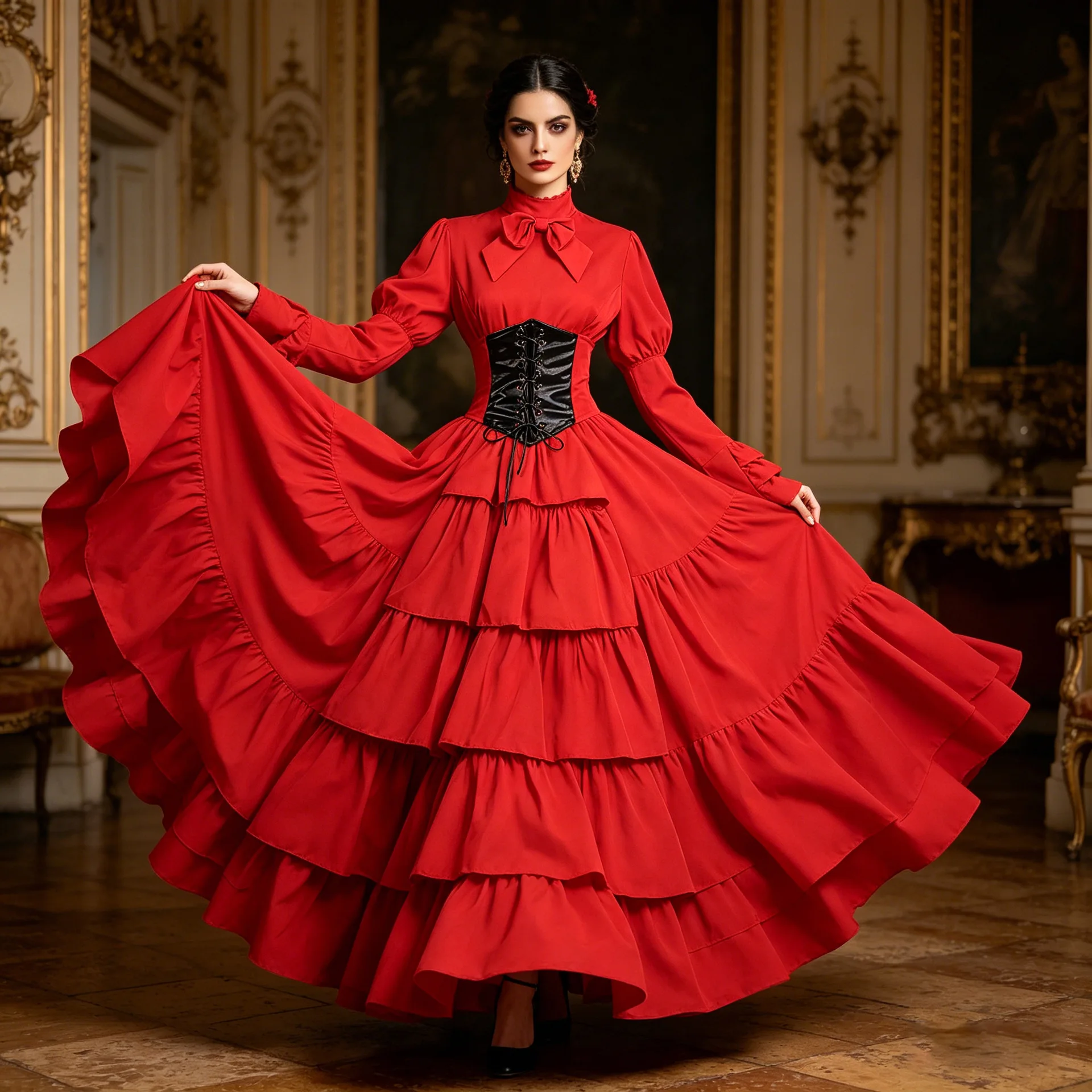 Medieval Gothic Victorian Black Red Ball Gown Long Evening Party Dress Women Bow Tie Ruffles Cake Holiday England Maid Dresses