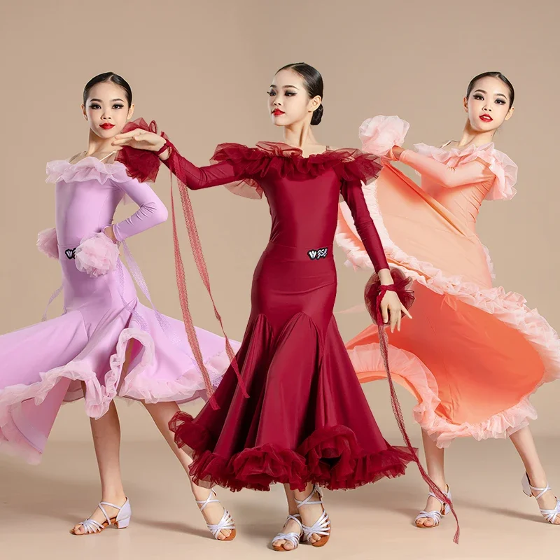 New Modern Dance Skirts National Standard Child Ballroom Dance Waltz Social Dance Long  Dresses Competition Performance Costume