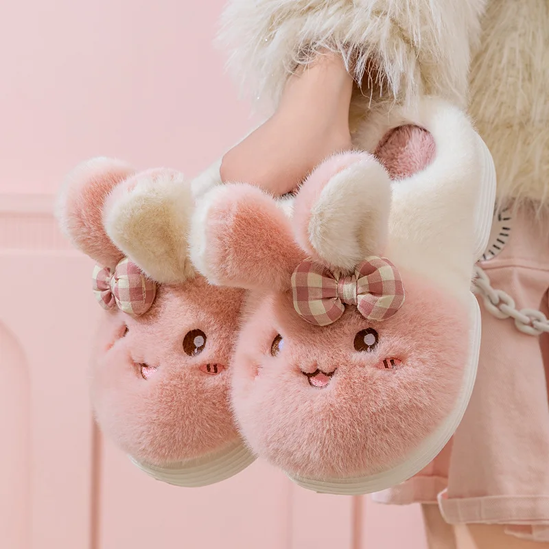 

Cute Rabbit Cotton Slippers Women's Indoor Home Winter Warm Furry Moon Shoe Breathable Wear Resistant Cartoon Style Home Shoes