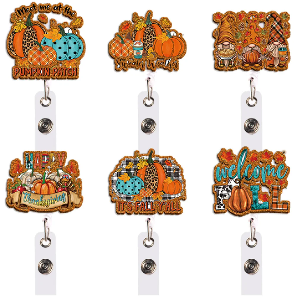 Cute Kawaii Hello Fall Badge Reel Retractable Clip Leopard Pumpkin Maple Leaf ID Card Holder Lanyard for Nurse Gift
