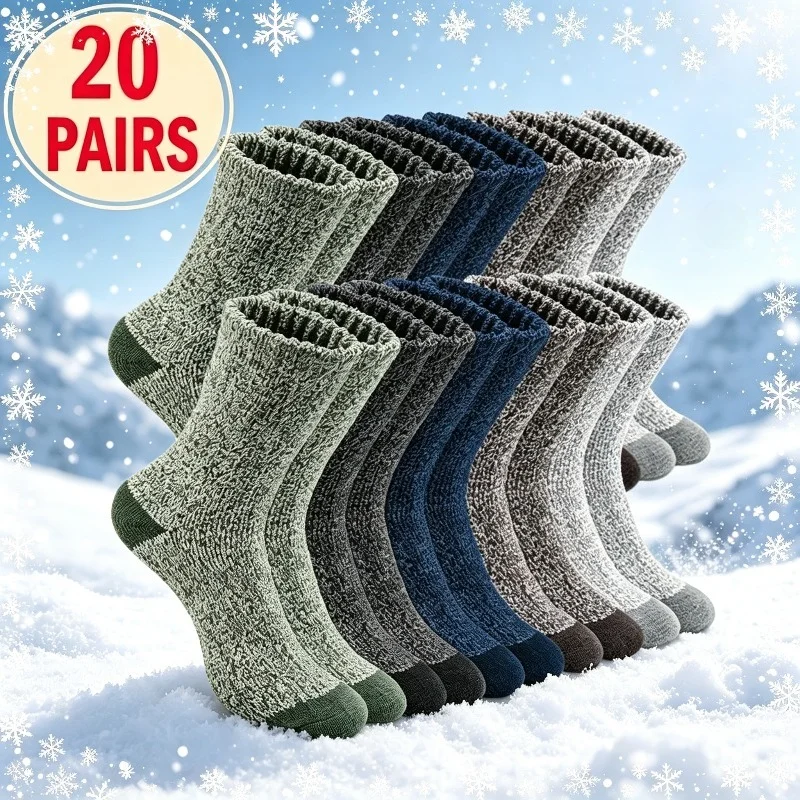 20-pair Assorted Color Thickened Men's Mid-calf Thermal Socks, Fluffy Knit for Warmth Retention, Lace-trimmed Loose Cuffs