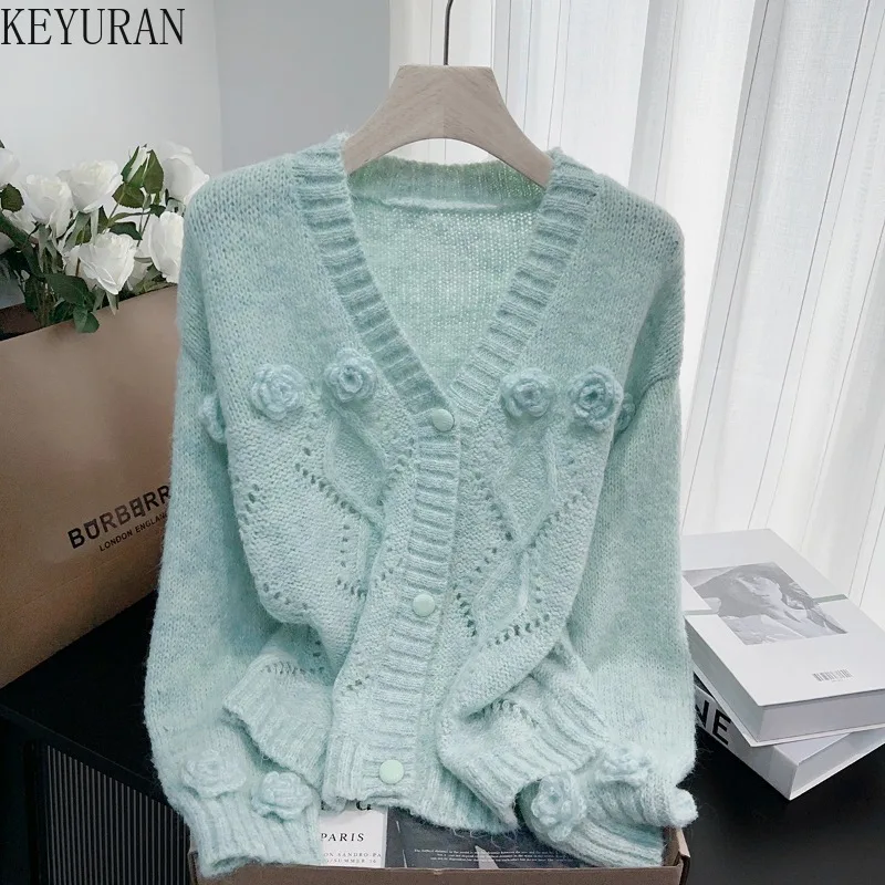 

Gentle Loose V-neck Flower Sweater Jacket Women Autumn Winter Long Sleeve Short Hollow Out Knitted Cardigan Ladies Tops Jumpers