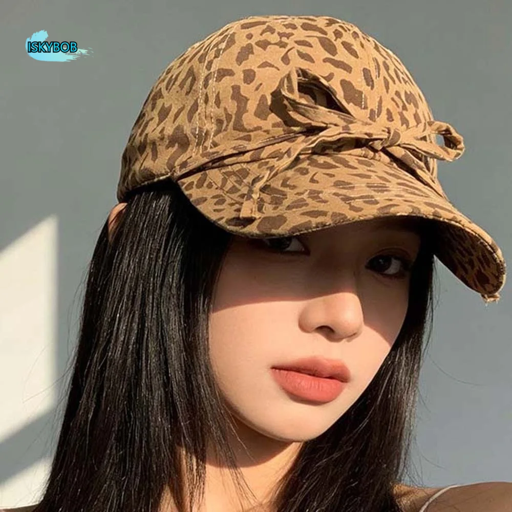 

Adjustable Leopard Print Bow Baseball Cap Sunshade Hip-hop Y2K Peaked Hat Versatile Polyester American Style Casquette Men