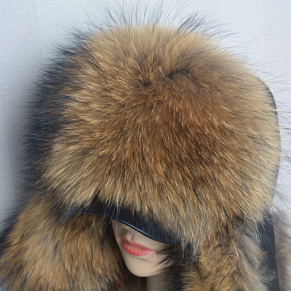 Genuine Silver Fox Fur Hat with Ear Flaps Real Natural Fur Caps for Russian Women Bomber Hats Trapper Cap with Real Leather Top