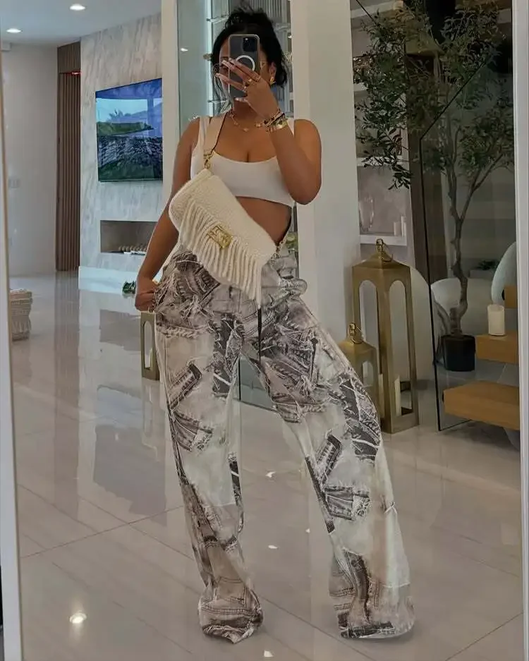 Modne, nieregularne spodnie damskie na lato z nadrukiem, patchworkiem, wysokim stanem i sznurkiem, streetwearowe spodnie damskie.