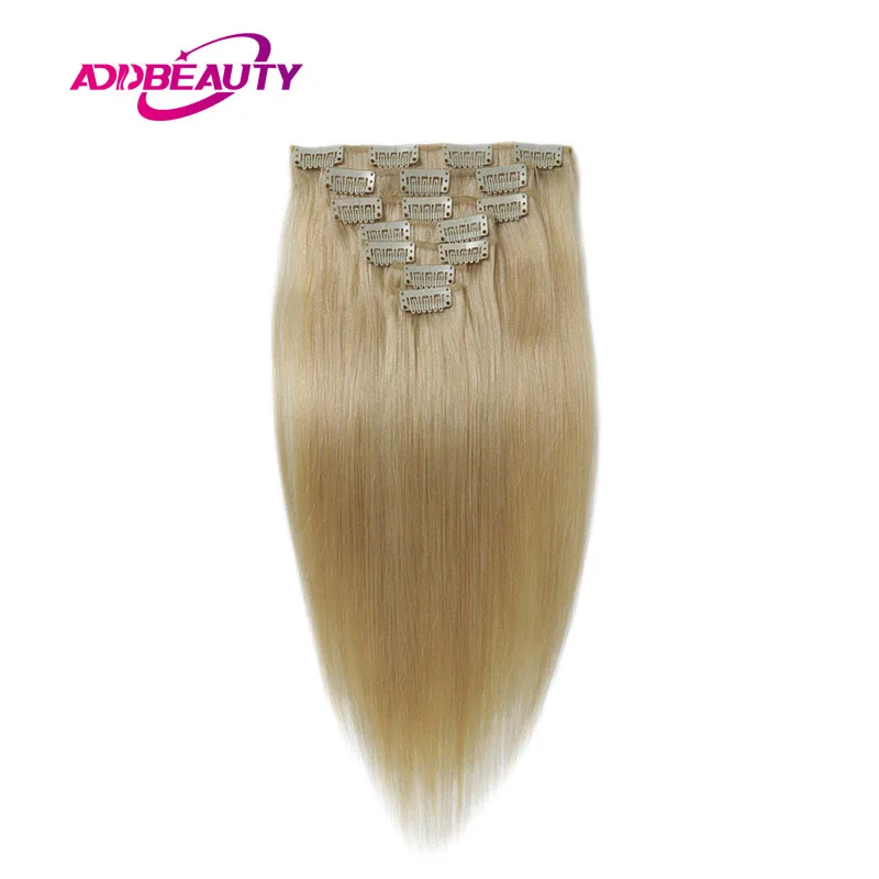 Extensiones de cabello humano brasileño, pelo liso de cabeza completa con Clips, 70g, 100g, 120g, extremo grueso, Color rubio degradado Natural, 7