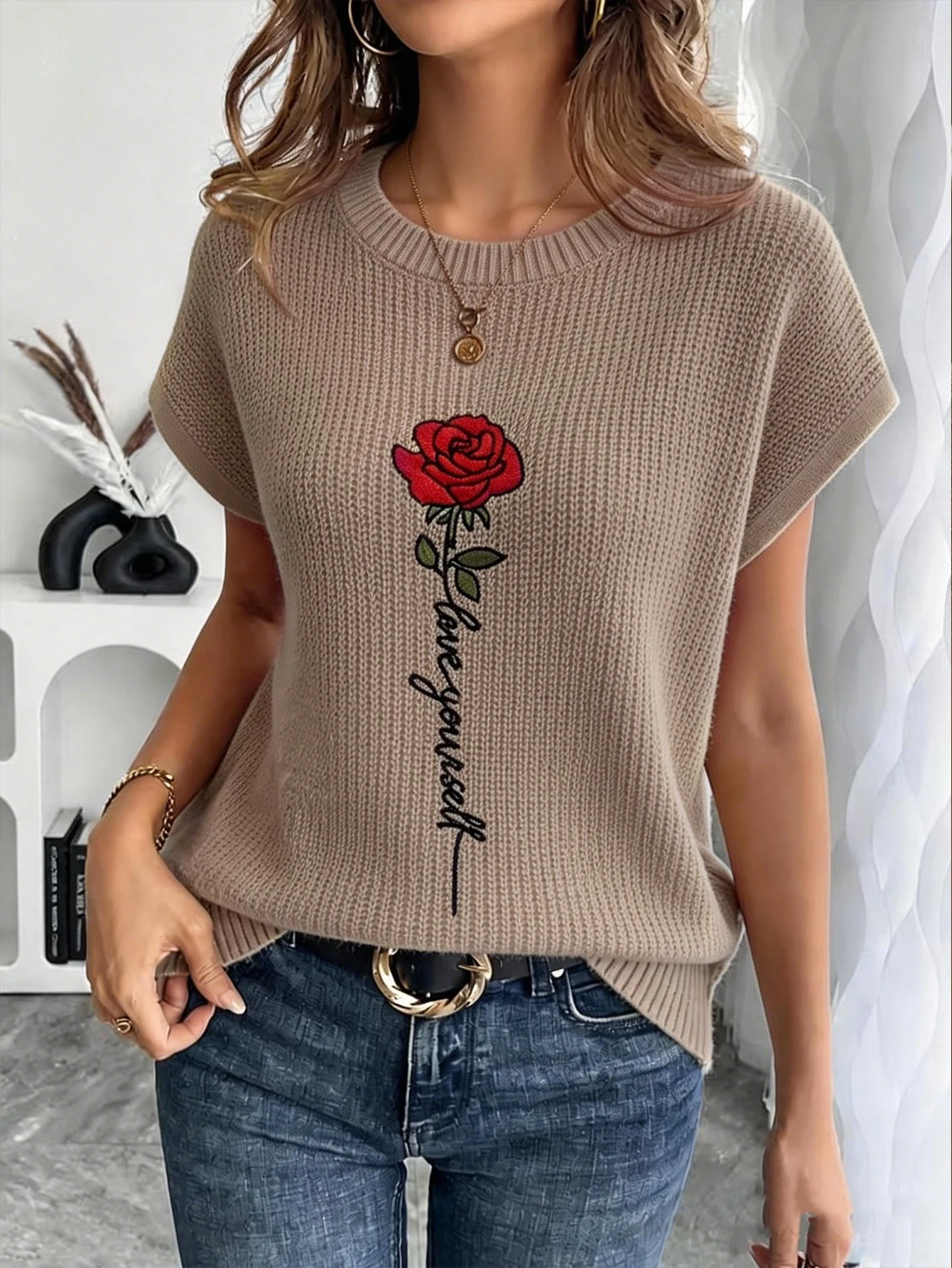 Women's Khaki Round-Neck Short-Sleeve Knit Top, Early Autumn New Style, Red Rose Letter Embroidery, Drop-Shoulder T-Shirt, Romantic Valentine's Day Outfit, Casual Hot-Selling Item, Loose Breathable Textured Knitwear, Versatile Slim-Fit Pullover for Daily Commuting (Character: 128) Do You Need Me to Continue Generating These Types of Cross-Border Product Titles, or Should I Start a Task-Based Mode for Bulk Processing? Start a Task-Based Mode for Bulk Processing