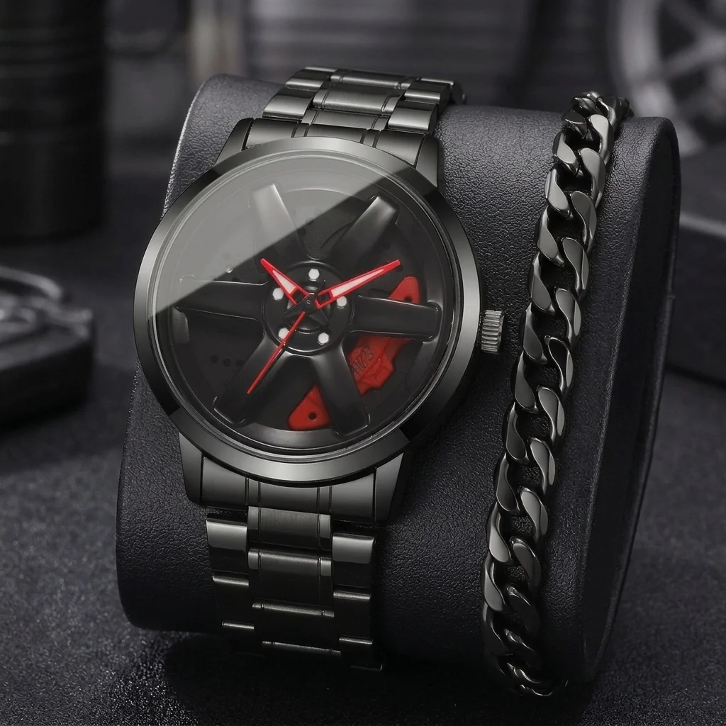 2PCS Luxury Rotating Car Wheel Dial Men's Quartz Watch Bracelet Set Stainless Steel Sports Wristwatches Relogio (Without Box)