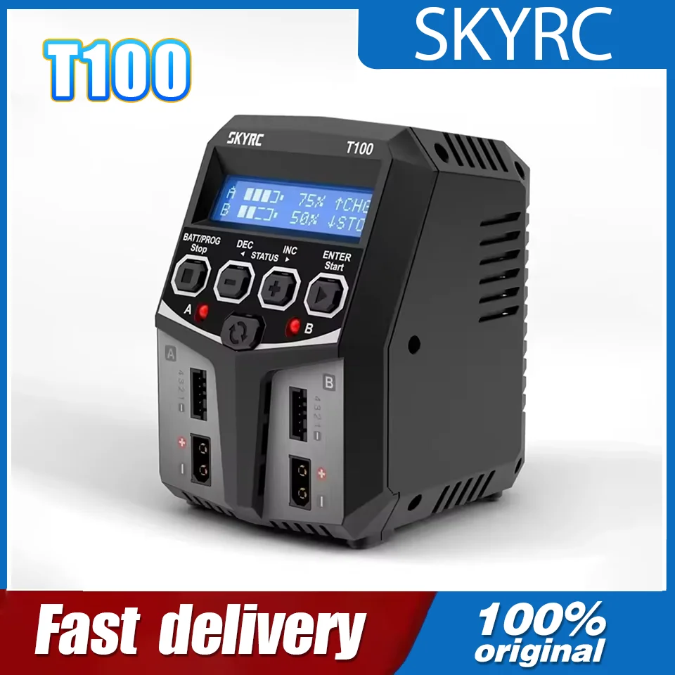 

SKYRC T100 Двойное зарядное устройство переменного тока — балансное зарядное устройство 5A, 2x50 Вт, 2-4S для NiMH/NiCd/LiPo/LiFe/LiHV/Pb аккумуляторов и радиоуправляемых моделей