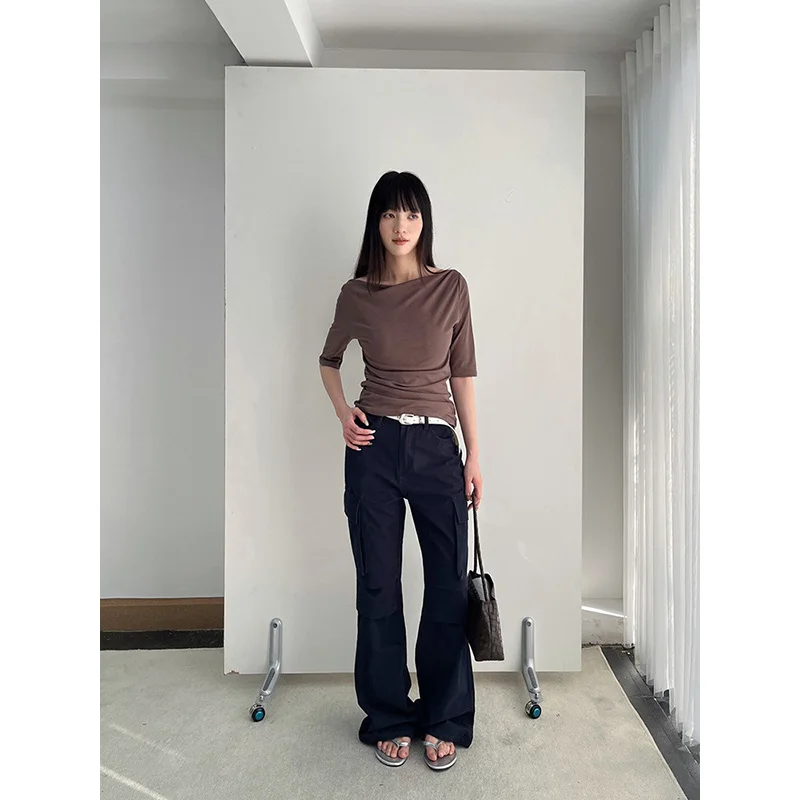 Benuynffy Streetwear Retro Multi-pocket Cargo Pants Women 2026 Summer New American Y2k High Waist Loose Casual Flared Pants