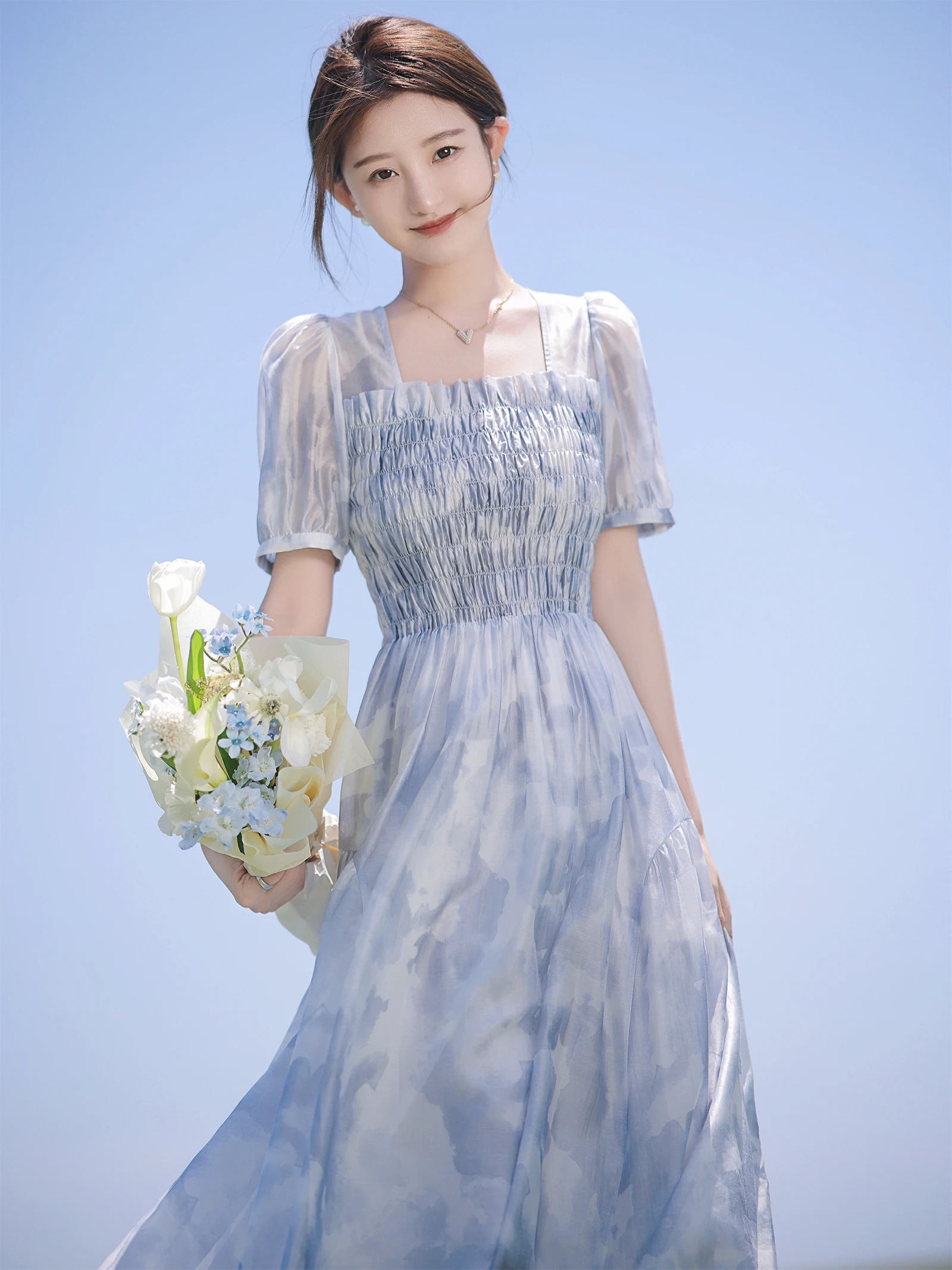 

Fre Summer Tianli Fairy Skirt Square Collar Dr Zhao Daxi Brand Commute Sle Bubble Sve Print Long Dr