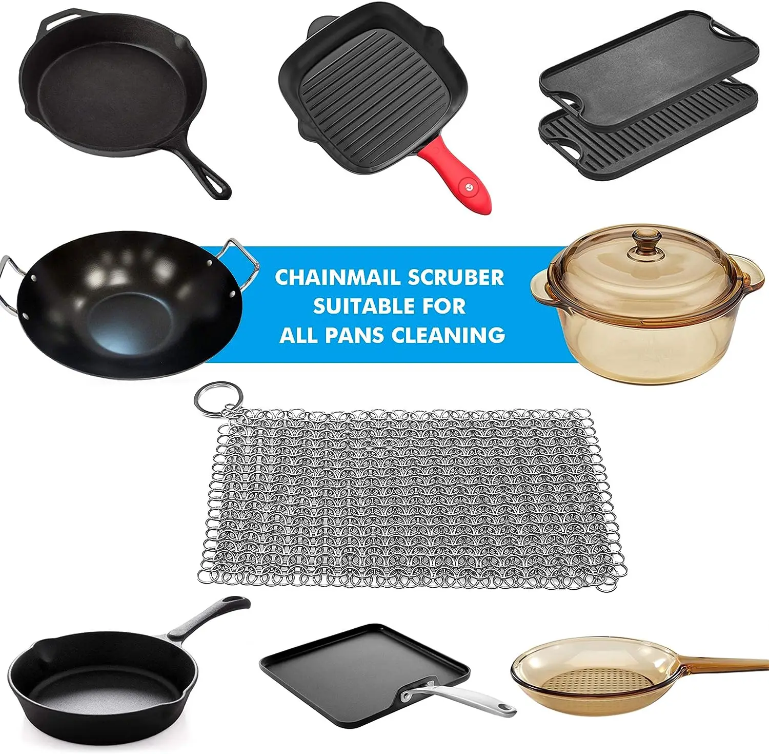 Cast Iron Cleaner, Premium 316 Stainless Steel Skillet Chainmail Scrubber for Cast Iron Pan Pre-Seasoned Pan Dutch Ovens Waffle