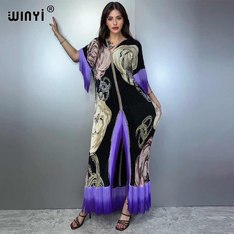 WINYI Pleated Elastic 느슨한 드리 워진 드레스 홀리데이 비치 커버 맥시 kaftan abaya 두바이 럭셔리 파티 드레스 boho 이브닝 드레스