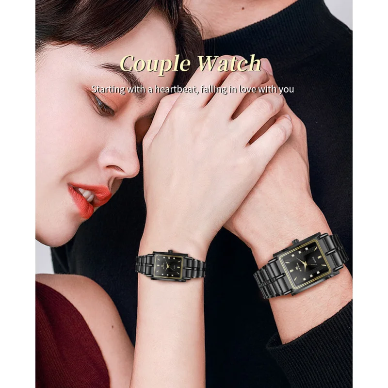 New Design Luxury Paired Stainless Steel Band Rectangle Case Quartz Watches Wholesale Diamond Business Couple Watch view 6