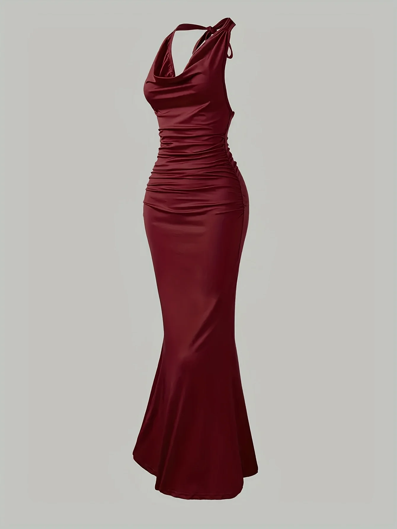 Elegant Solid Color Small Flared Neck Halter Slim Fit Fishtail Long Dress for Women