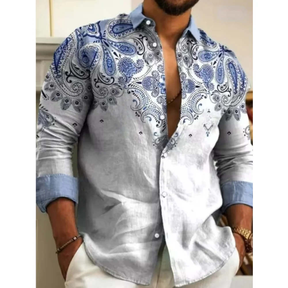 

Men's linen long sleeved shirt with printed shirt, retro casual fashion shirt, comfortable ethnic pattern and pattern