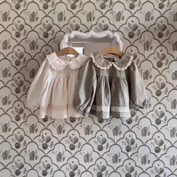 2024 autunno nuova neonata manica lunga in cotone risvolto camicie allentate neonate principessa camicetta bambino Casual top abbigliamento per bambini