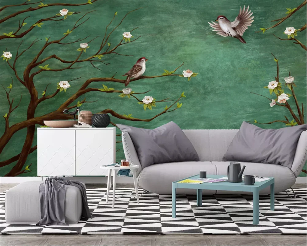 Custom wallpape Hand painted flowers and birds Self-adhesive canvas material mural bedroom living room background wall wallpaper