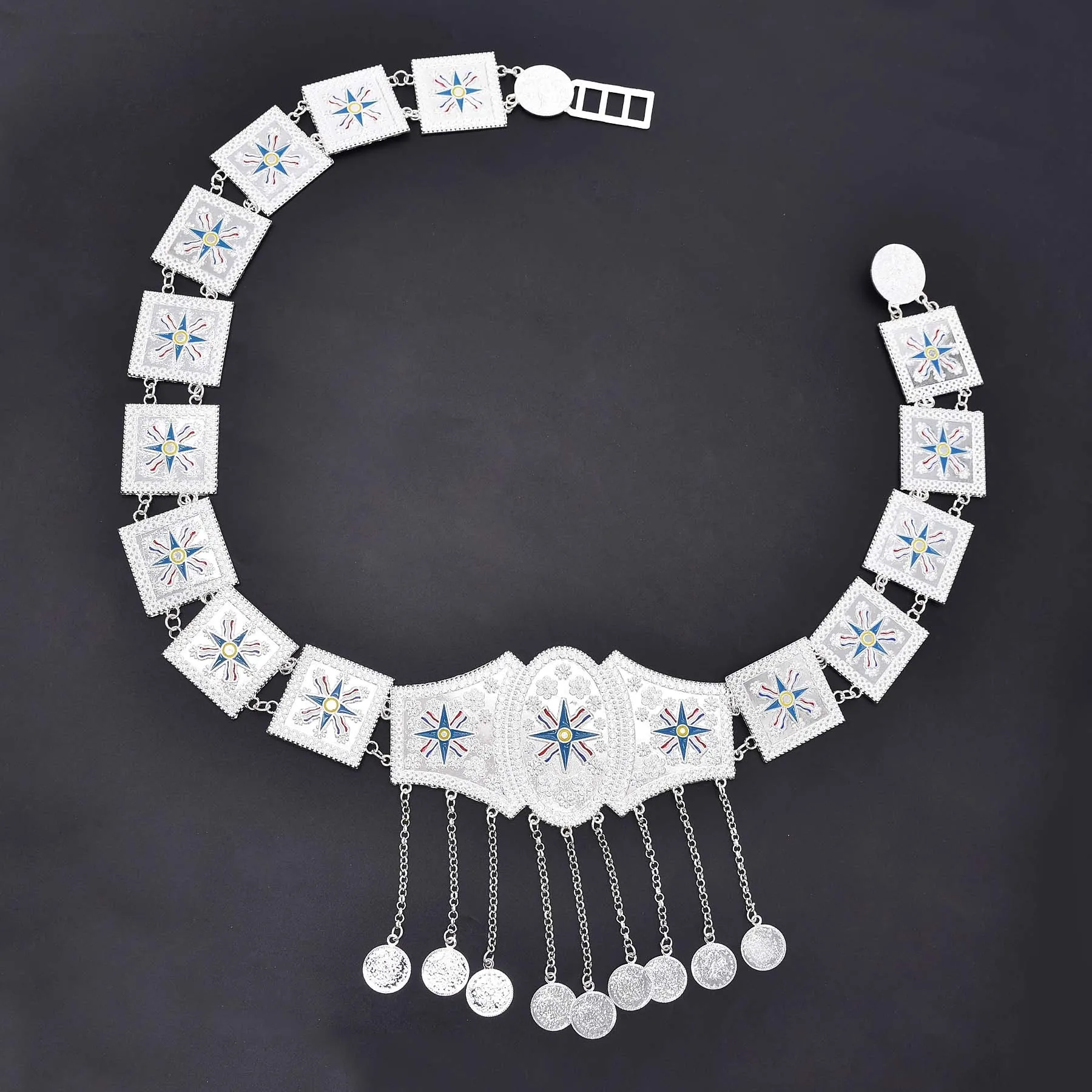 Silver Plated Moroccan Caftan Belt Heart Sequins Tassel Belly Chains for Women Men Vintage Ethnic Tribal Indian Body Jewelry