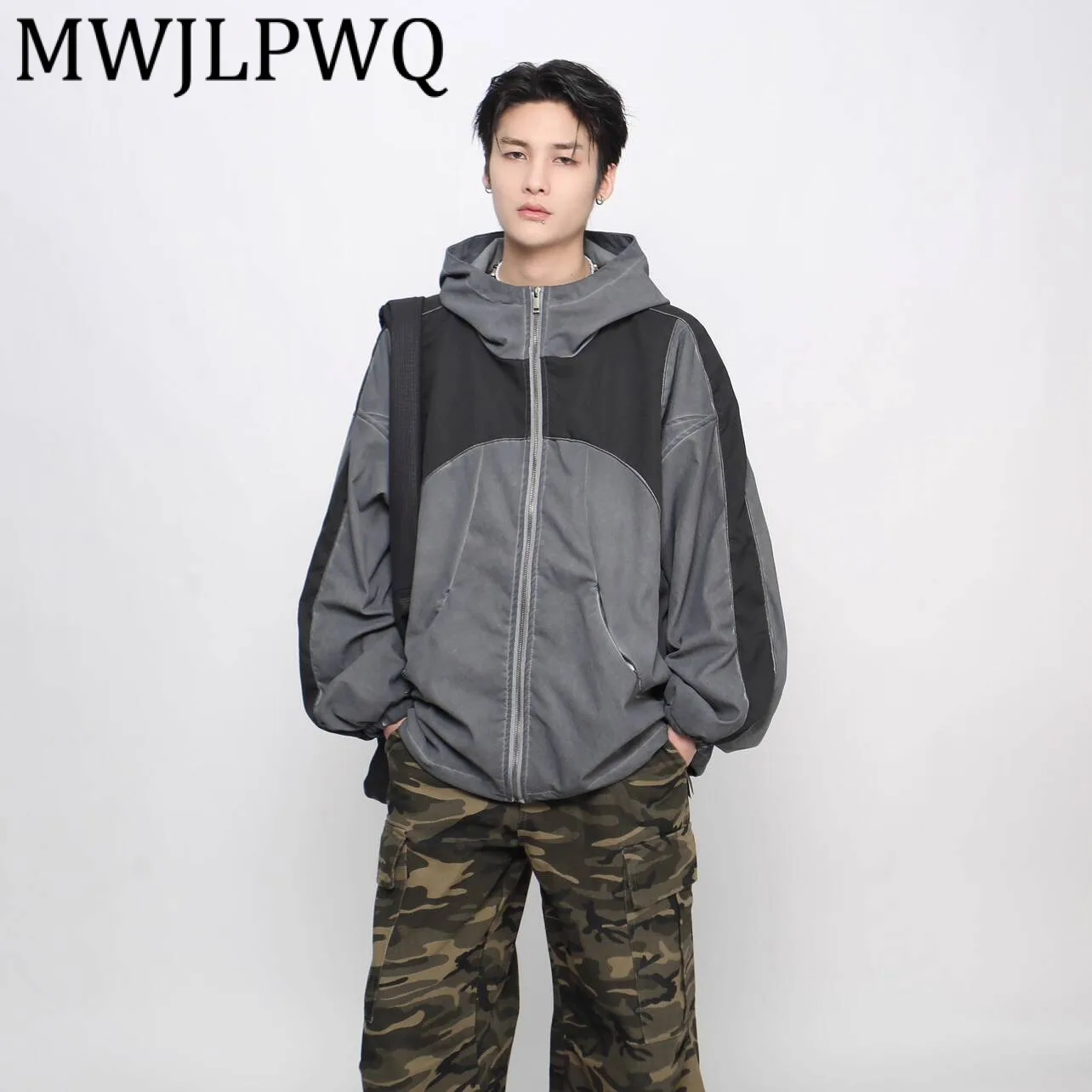 

MWJLPWQ Heavy Industry Vintage Patchwork Color-Block Hooded Zipper Jacket Men's American Street Style Niche Coat Trend 21188