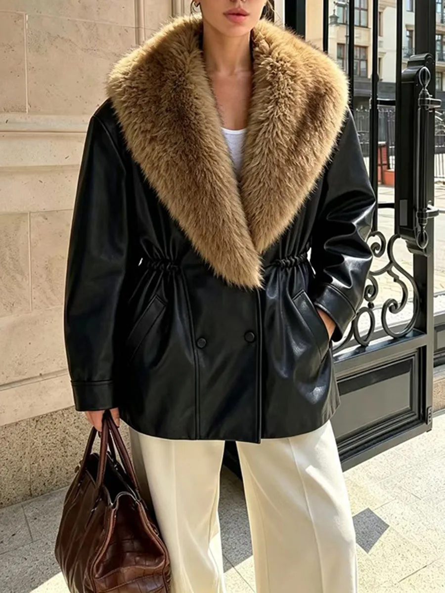VGH Street Faux Fur Collar Leather Jacket for Women Drawstring Waist Double Breasted Long Sleeve Warm Pocketed for Autumn Winter