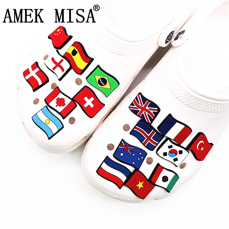 Single Sale 1pcs National Flags Shoe Charms Accessories Cartoon Flag Banner Shoe Decorations for Kids Xmas Party Gifts