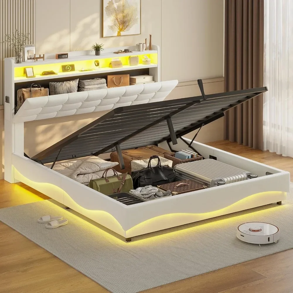 Storage Queen Bed Frame with LED Lights, Hidden Storage Headboard and Charging Station, Upholstered Platform