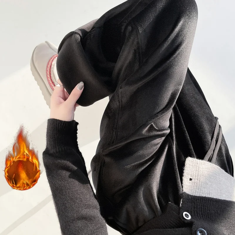 2025 outono inverno novo sle fce forrado thi bla veludo dstring calças de perna larga calças casuais versátil calças compridas