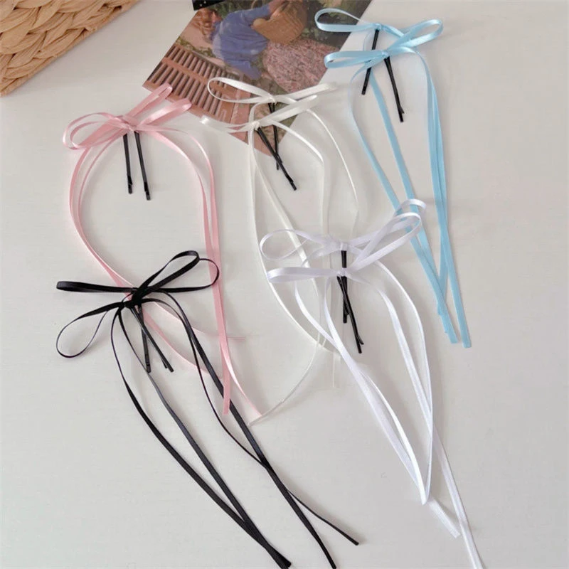 2PCS Sweet Bowknot Hair Clip Girls Barrettes Cute Long Ribbon Bow One Word Clips For Women Fashion All-match Hair Accessories