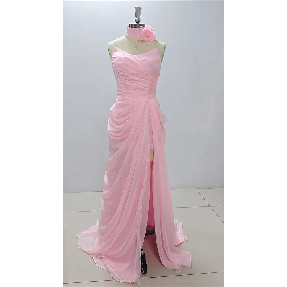 Elegant Pink Party Dresses Sleeveless Strapless High Slit Backless Sweep Train Princess Style Dresses Female Birthday Prom Gowns
