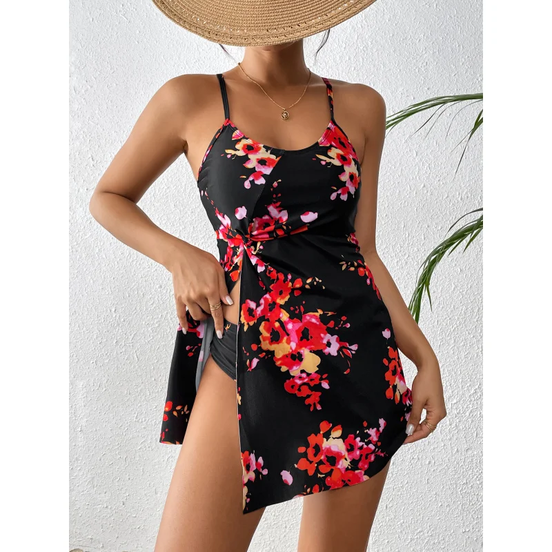 

Plus Size Women's Conservative Strap Dress Style Printed Two-Piece Swimsuit