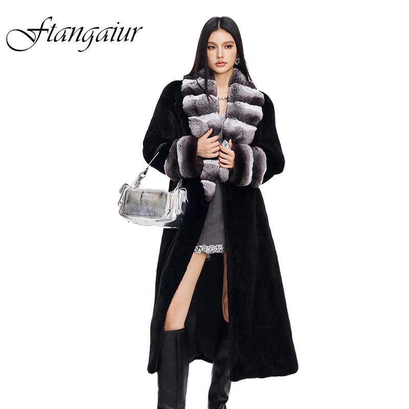 Ftangaiur Winter Mink Fur Coat Women Chinchilla Turn-Down Collar Natural Color Full Sleeve X-Long Fur Coats