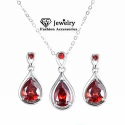 Drop Earring and Pendant Necklace Sets Luxury Red Cubic Zirconia Fashion Jewelry Set Fine Party Accessories N005