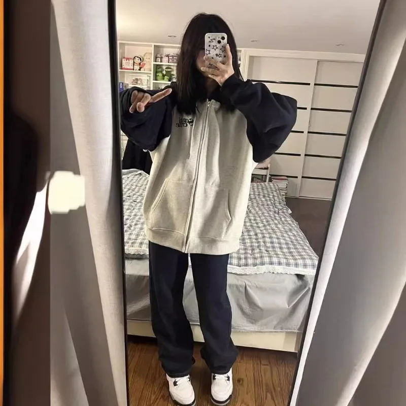 Hooded Sweatshirts Women Patchwork Zipper Pocket Japanese Style Students College Autumn Long Sleeve Tops All-match Fashion Daily