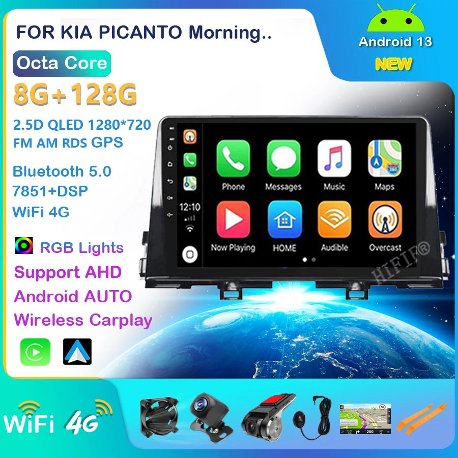 6+128G CARPLAY 9'' Android 13 For KIA PICANTO Morning 2016 2017 2018 2019 Multimedia Stereo Car DVD Player Navigation GPS