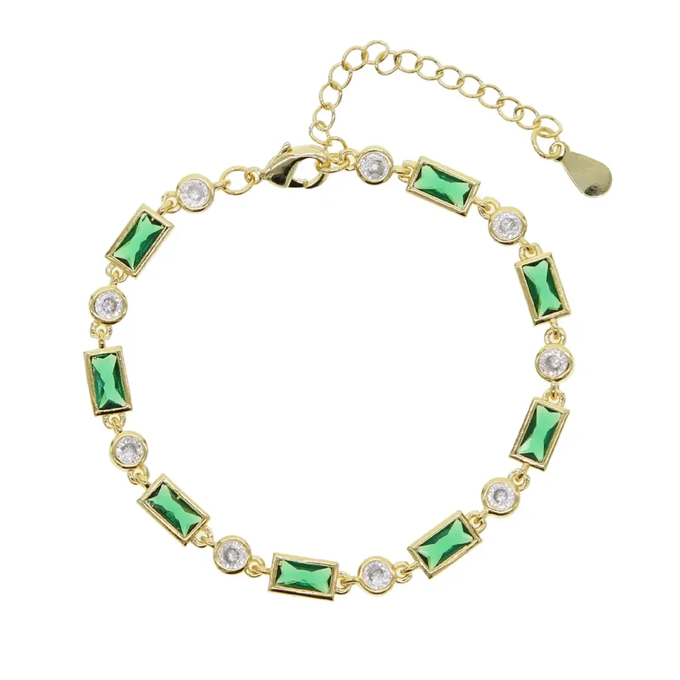 Gold color filled blue green red white rectangle cubic zirconia Open cuff bangle bracelet women fashion jewelry