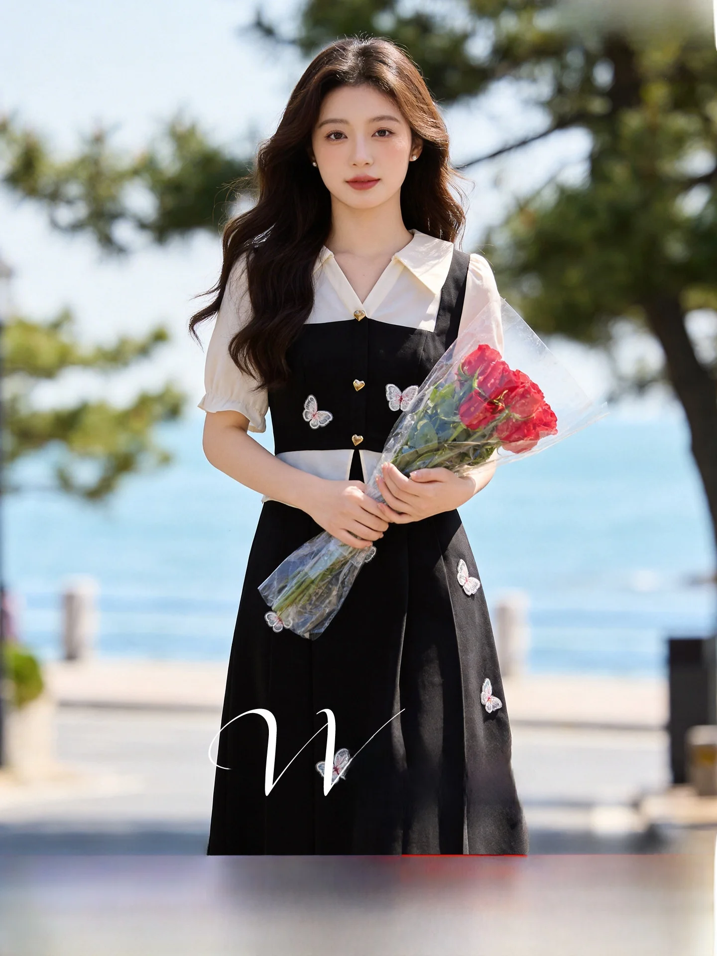

Summer Knot Short Sleeve Dress Splice Design High Waist A-Line Skirt Commute Style Polyester Fiber Mid-Length Dress