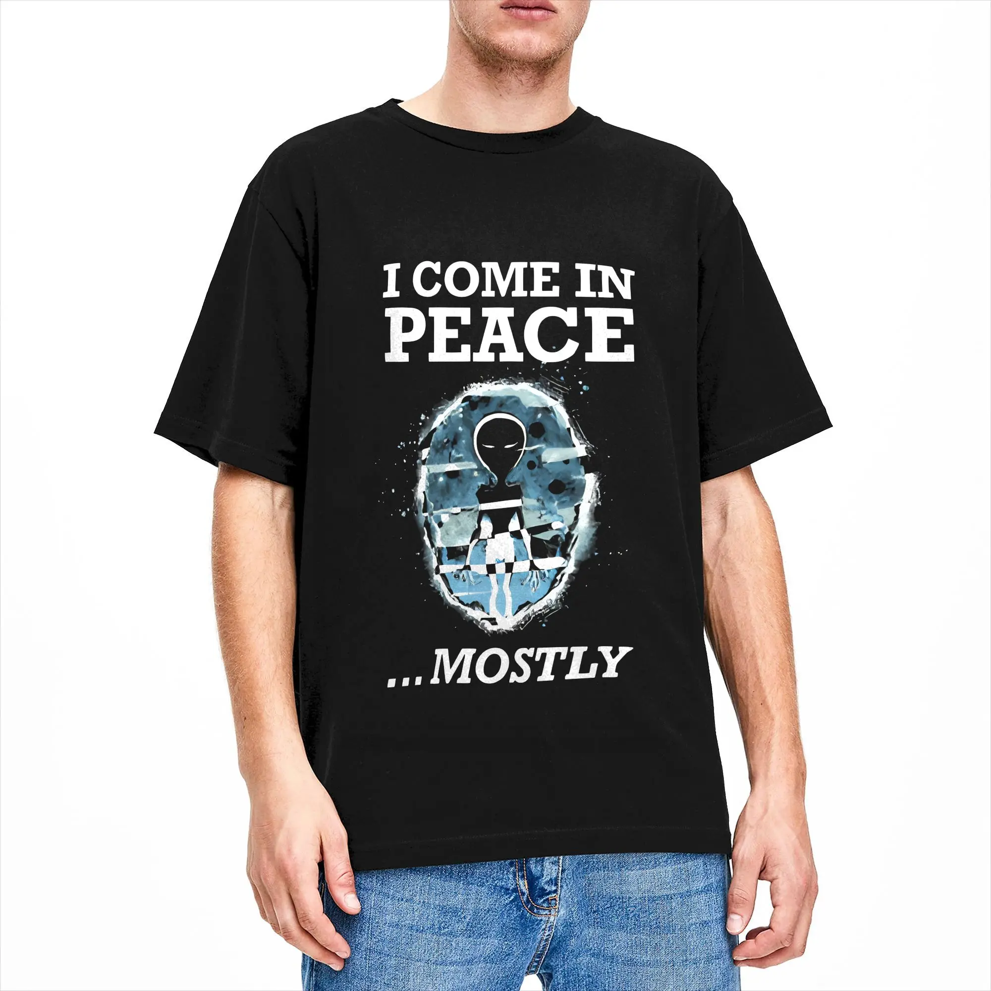 UFO We Come In Space Alien Cotton T-Shirt For Man Summer  Vintage T-Shirts O Neck Fashion Tees Big Size Custom DIY Tops