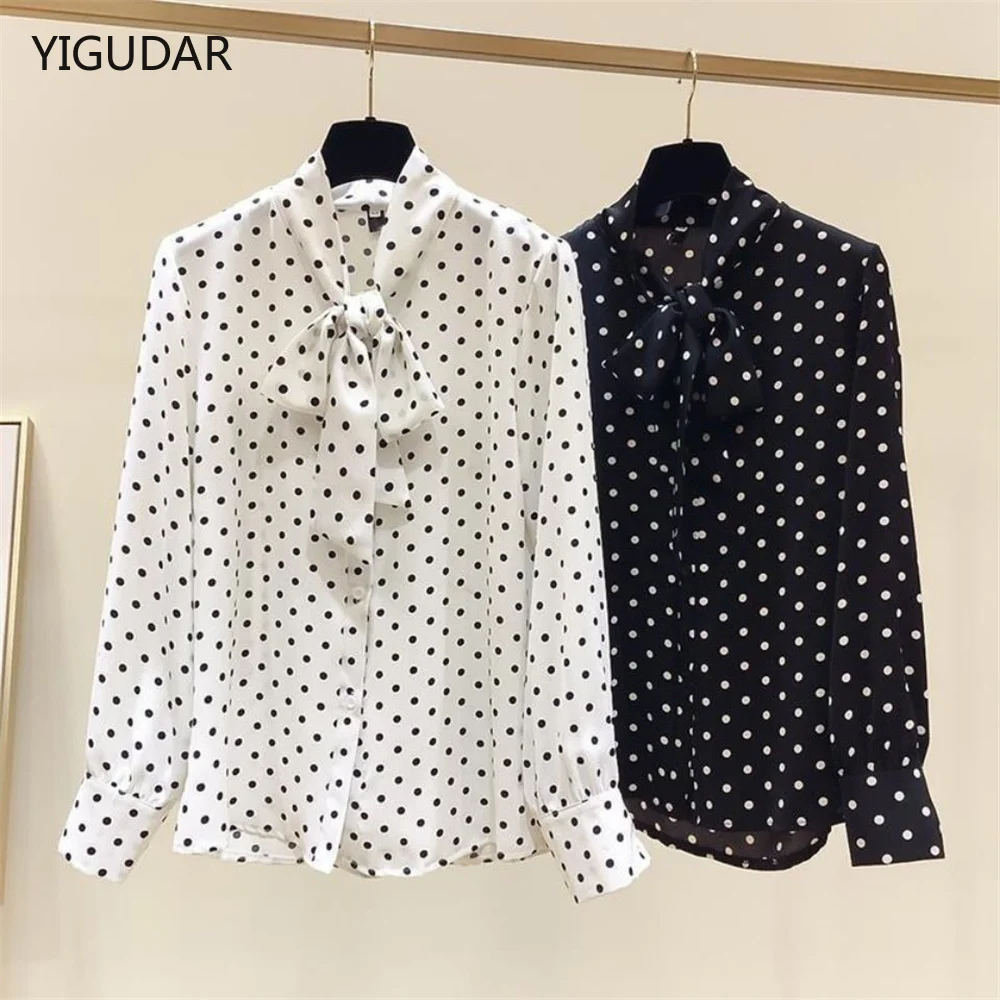 Autumn Fashion Women Chiffon Shirts Long Sleeve Polka Dot Bow Tie Women Blouses Casual Stand Collar Women Tops