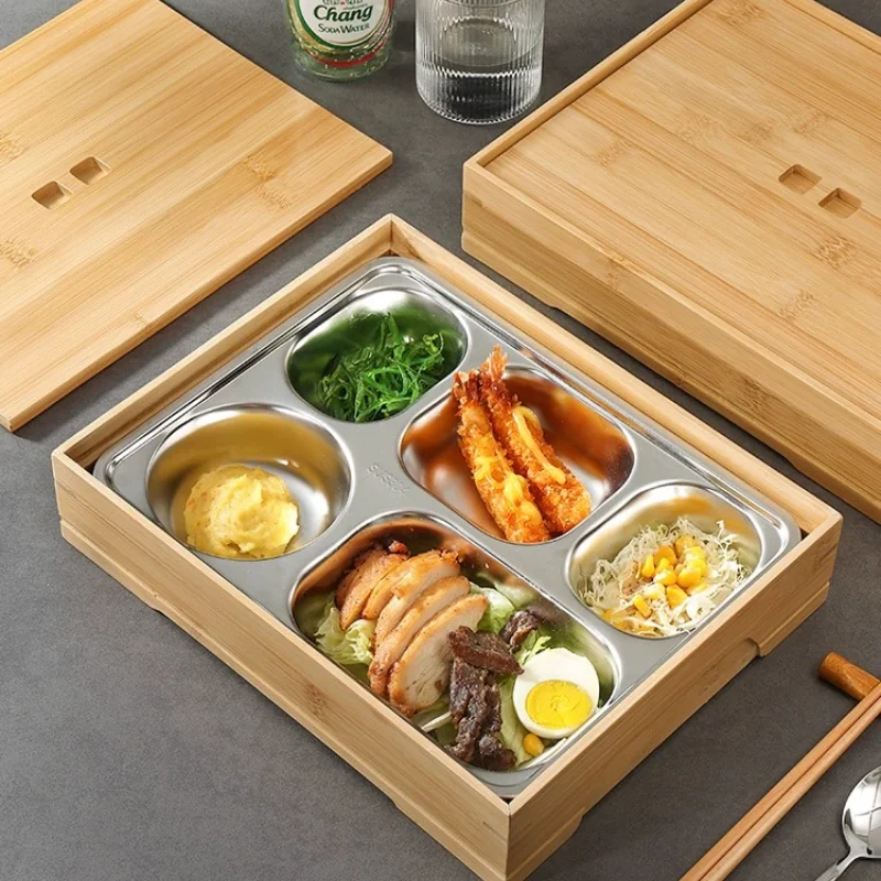 Japanese Style Bamboo Bento Box, High-end 304 Inner Container Lunch Box, Hotel Partition Plate, Commercial Lunch Box