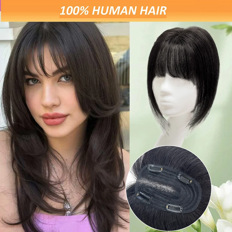 Rede de cabelo suíça para mulheres, peruca superior, topper com grampos, cabelo humano, cabelo fino, clipe em uma peça, extensões, 25cm, 9 cm x 14cm