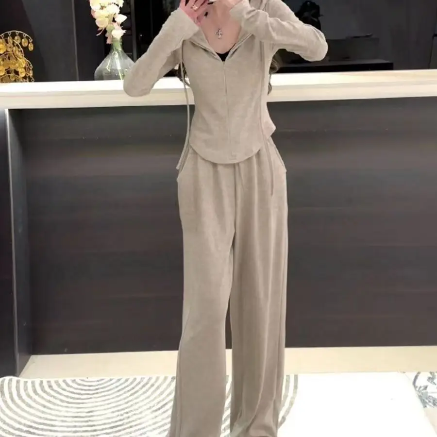 Casual Popular Zipper Short Hooded Open Cardigan Sweatshirt Two-Piece Set Pure Color Women's City Walk Dress