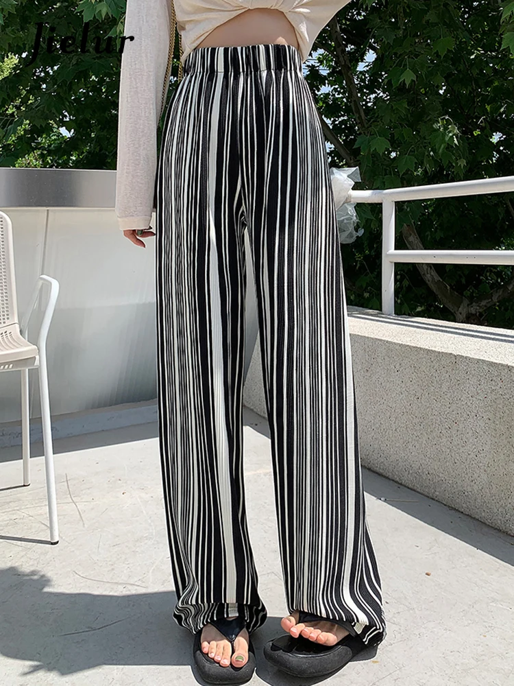 Jielur Summer Spell Color Striped Loose Women's Pants Office Lady High Waist Casual Elastic Waist Fashion Female Wide Leg Pants