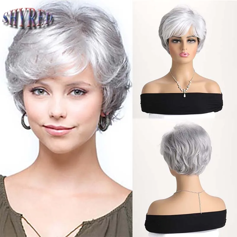 

Synthetic Short Curly Pixie Cut Silver White Wig With Bangs for Women Wigs Daily Use Heat Resistant Fiber