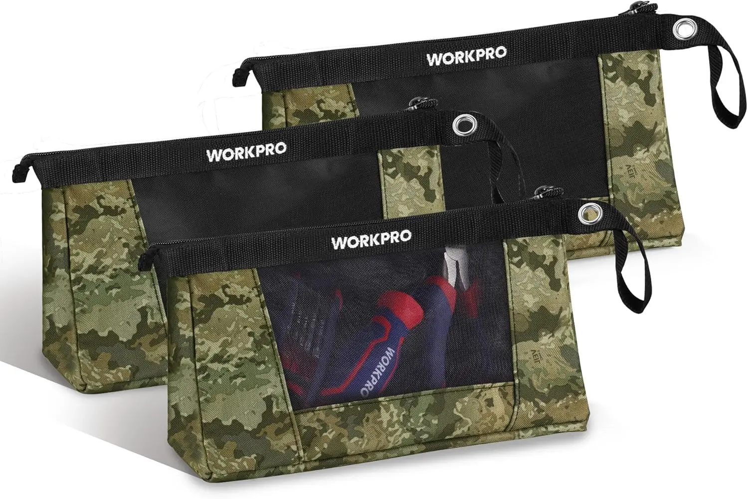 

12" Heavy-Duty Small Tool Pouches with Zipper, 3-Pack Mini Tool Bag for Organizers and Storage, Camo