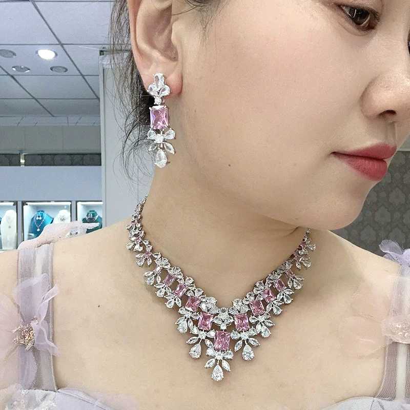 Vintage Fashion Style Earrings Necklace Women Lady Inlay Yellow Pink Square Cubic Zircon Tassels Pendant Party Jewelry Sets