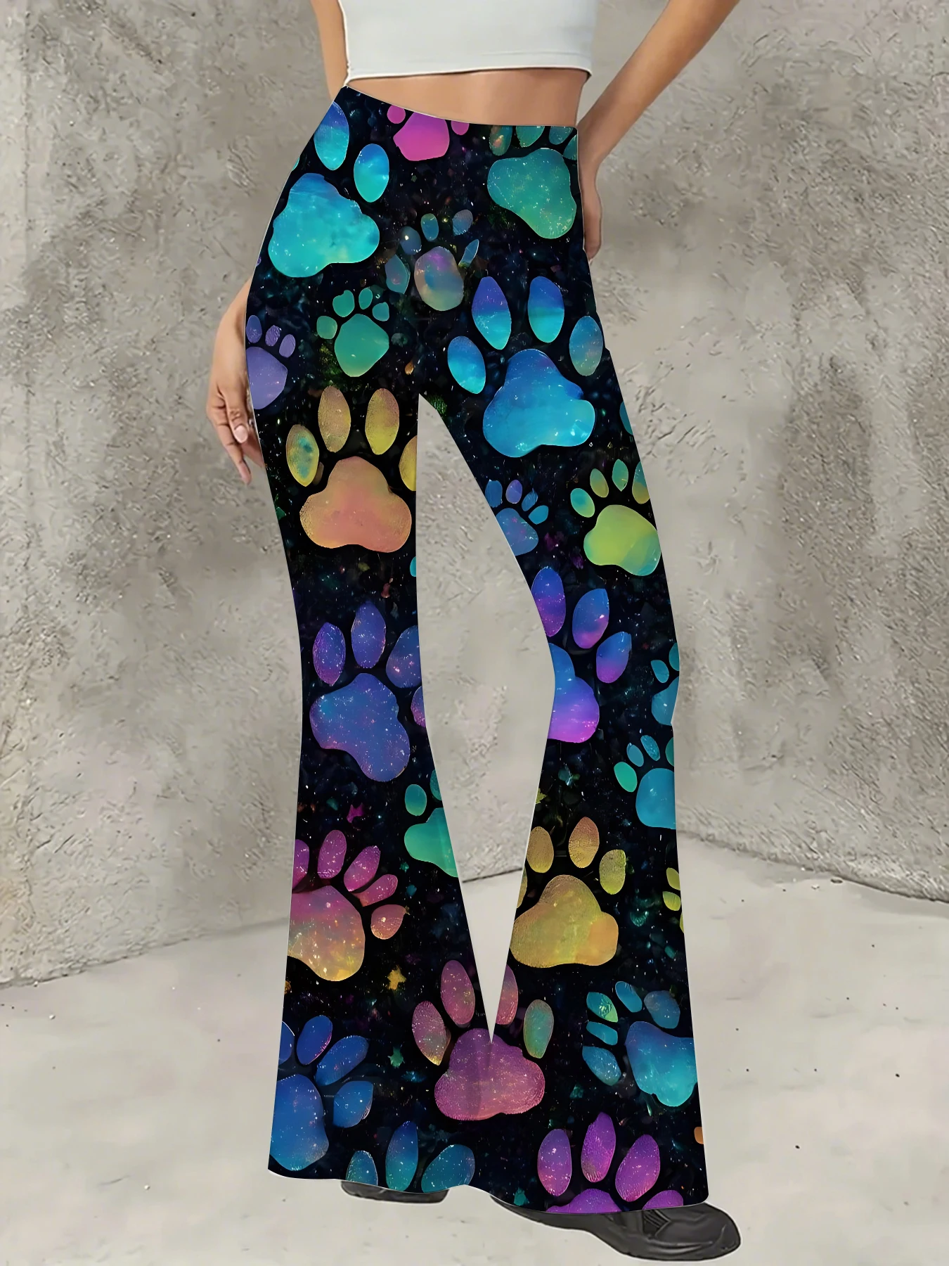 

Retro Printed Flare Pants Women High Waist Polyester Knit Bell Bottom Trousers