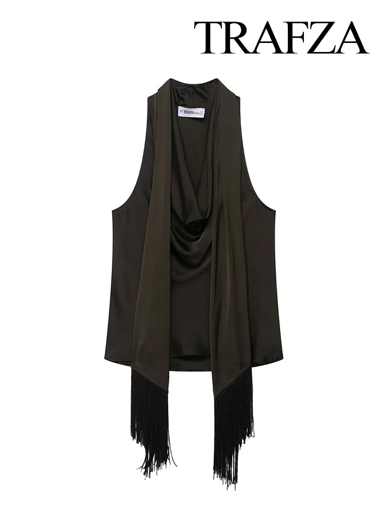 

HH Women's Summer Slim Chic Short Tops Black Swinging Collar Tassel Decoration Female New Fashion Sexy Sleeveless Tops