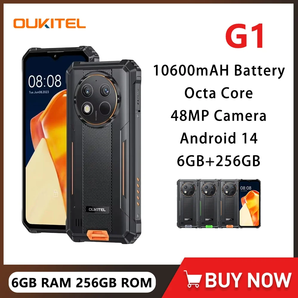 Oukitel G1 Rugged Smartphone Android 14 10600mAh Battery 6GB RAM+256GB ROM Mobile Phone 6.52Inch HD+ Octa Core 4G Cellphone NFC