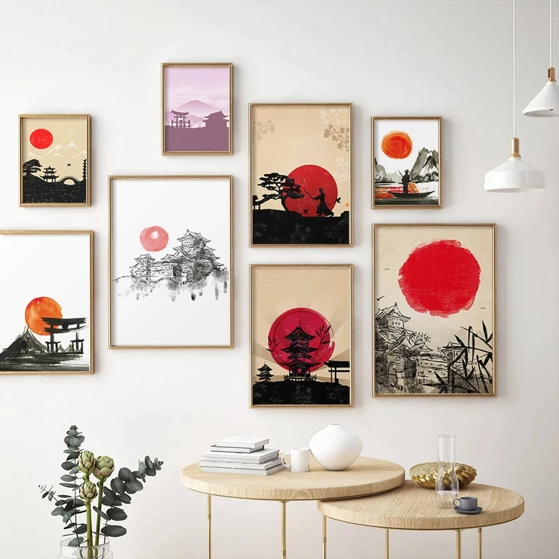 Japanese Style Ukiyo Ink Painting Temple Samurai Sunset Poster Canvas Print Wall Art Pictures Cuadros for Living Room Home Decor